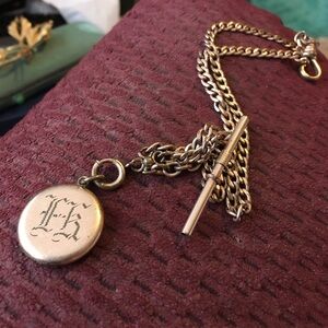 Antique watch fob locket chain with stones and one other etched